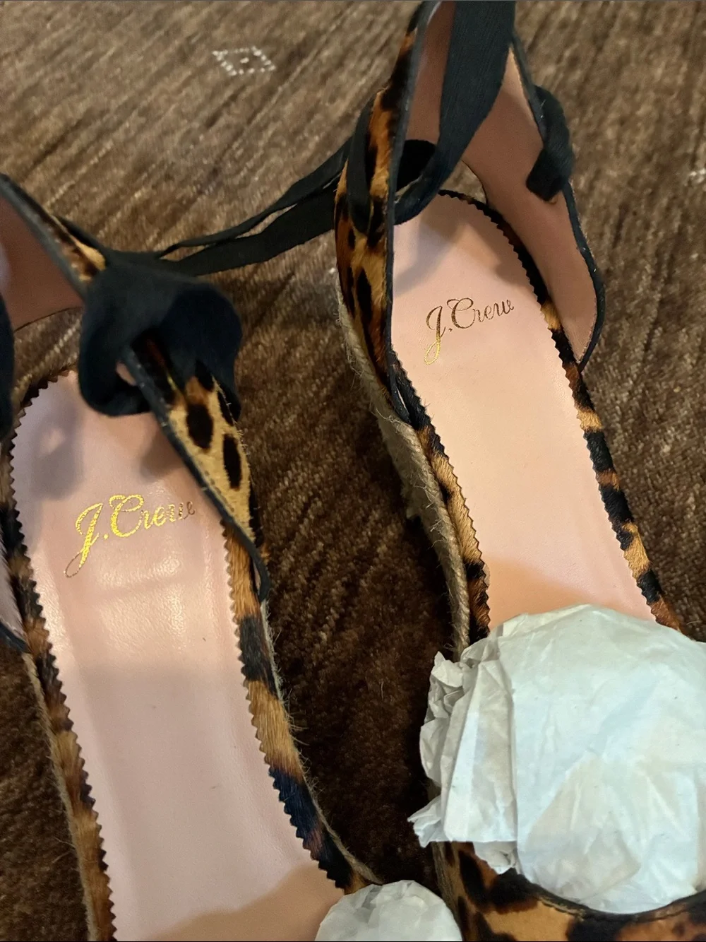 J. Crew Calf Hair Leopard Print Espadrille Wedge Heels with Ankle Tie